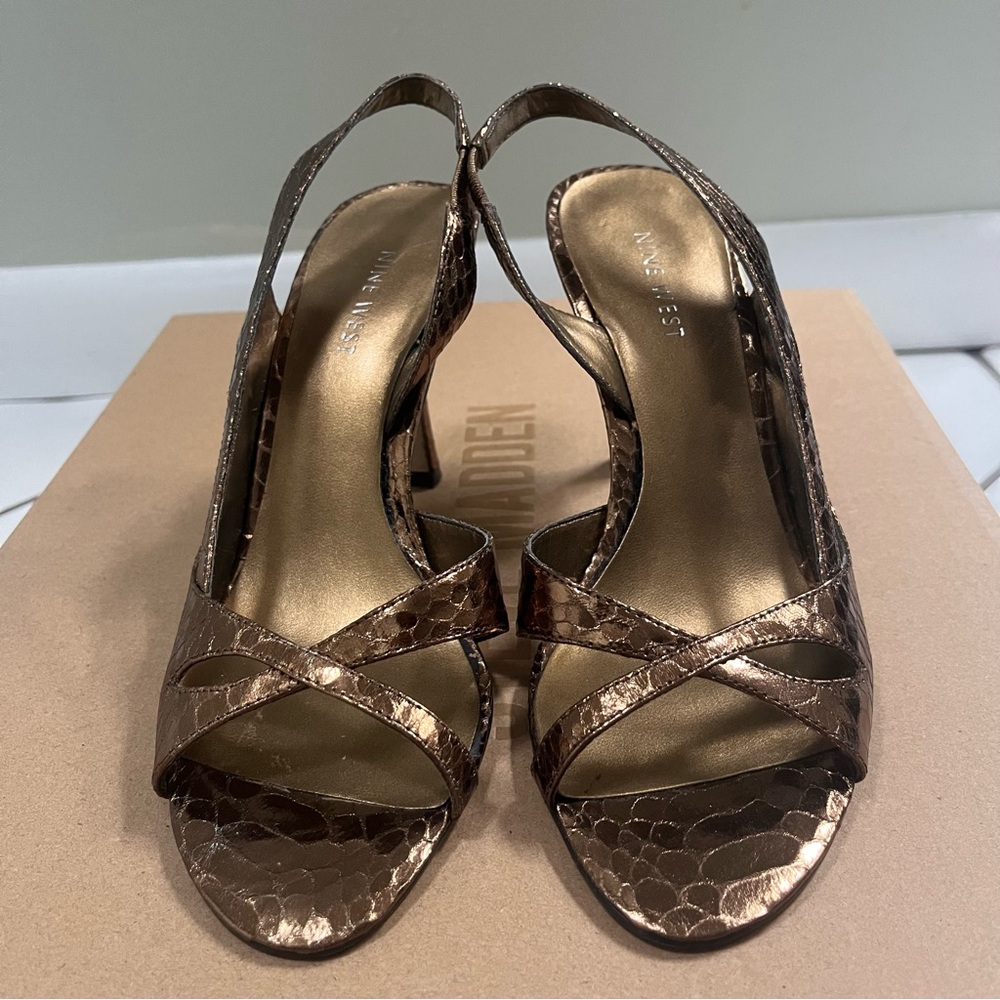 NINE WEST Y2K Bronze Scale Embossed Strappy Sandal Heels